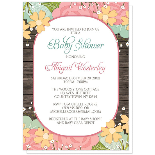 Summer Floral Wood Rustic Baby Shower Invitations at Artistically Invited. Flowery and sweet summer floral wood rustic baby shower invitations designed with a pink and teal floral theme with orange flowers, green leaves, and baby's breath along the top and bottom of the invitations. Your personalized baby shower celebration details are arranged in teal, pink, and brown on white in the center over a rustic wood background between the flowers.