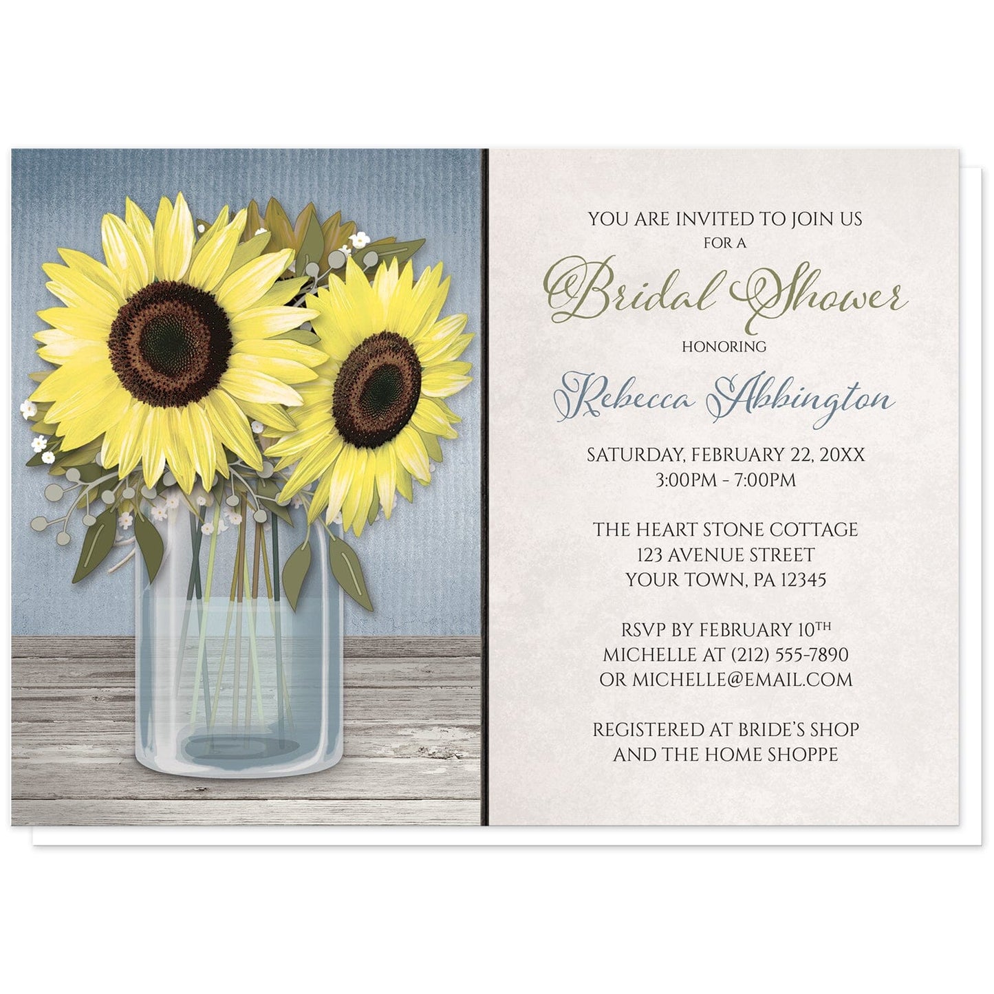 Sunflower Blue Mason Jar Rustic Bridal Shower Invitations at Artistically Invited. Country-inspired sunflower blue mason jar rustic bridal shower invitations designed with an illustration of a mason jar with water, holding big yellow sunflowers on a light wood tabletop over a rustic blue background. Your personalized bridal shower celebration details are arranged in blue, green, and dark brown over a light parchment-like background to the right of the sunflower mason jar design.