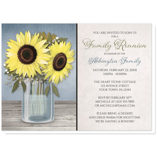 Sunflower Blue Mason Jar Rustic Family Reunion Invitations at Artistically Invited. Country-inspired sunflower blue mason jar rustic family reunion invitations designed with an illustration of a mason jar with water, holding big yellow sunflowers on a light wood tabletop over a rustic blue background. Your personalized family reunion gathering details are arranged in blue, green, and dark brown over a light parchment-like background to the right of the sunflower mason jar design.