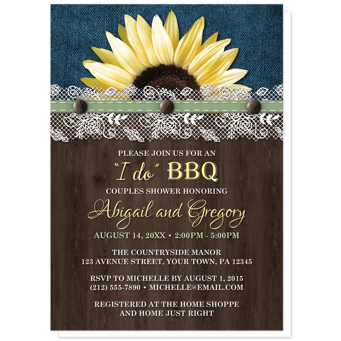 Sunflower Denim Wood Lace I Do BBQ Couples Shower Invitations at Artistically Invited. Rustic sunflower denim wood lace 'I Do' BBQ couples shower invitations with a vibrant yellow sunflower with a white lace and green ribbon illustration over blue denim along the top. Your personalized couples shower celebration details are custom printed in yellow, green, and white over a dark brown wood background below the sunflower.