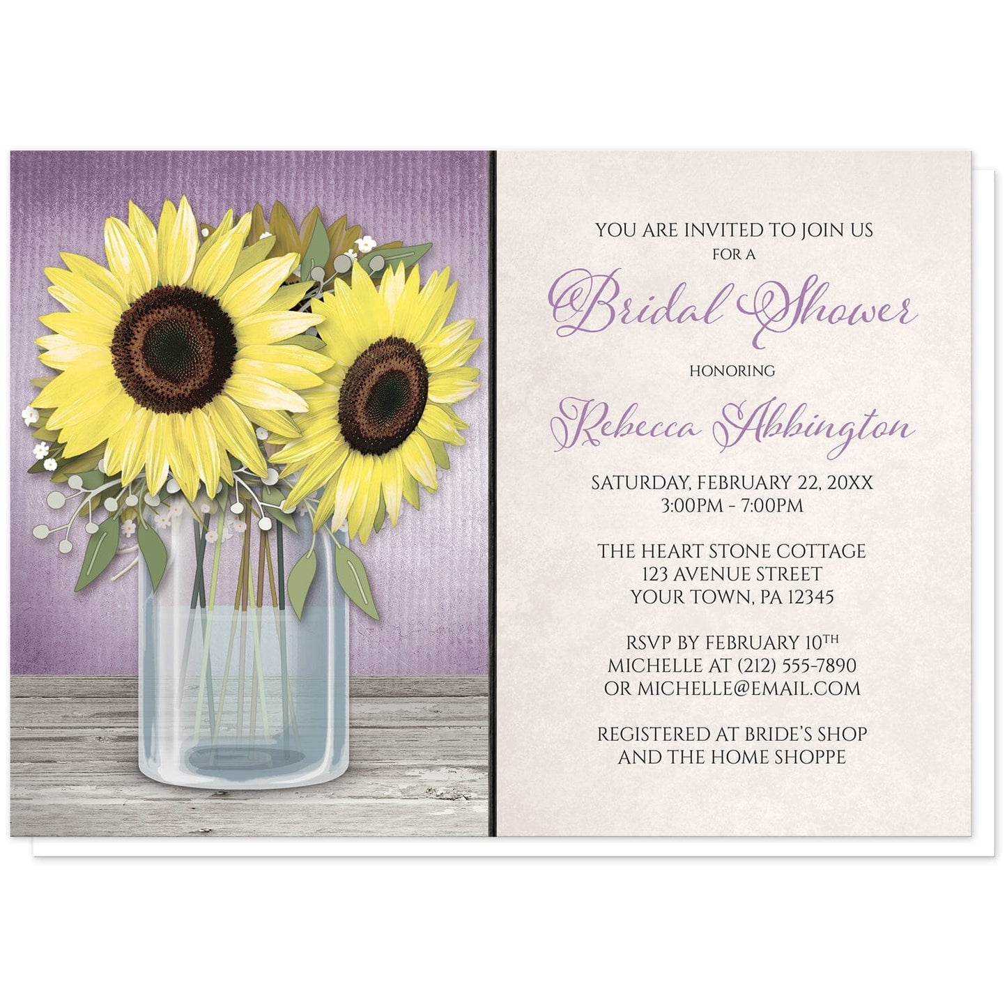 Sunflower Purple Mason Jar Rustic Bridal Shower Invitations at Artistically Invited. Country-inspired sunflower purple mason jar rustic bridal shower invitations designed with an illustration of a mason jar with water, holding big yellow sunflowers on a light wood tabletop over a rustic purple background. Your personalized bridal shower celebration details are arranged in purple and dark brown over a light parchment-like background to the right of the sunflower mason jar design.