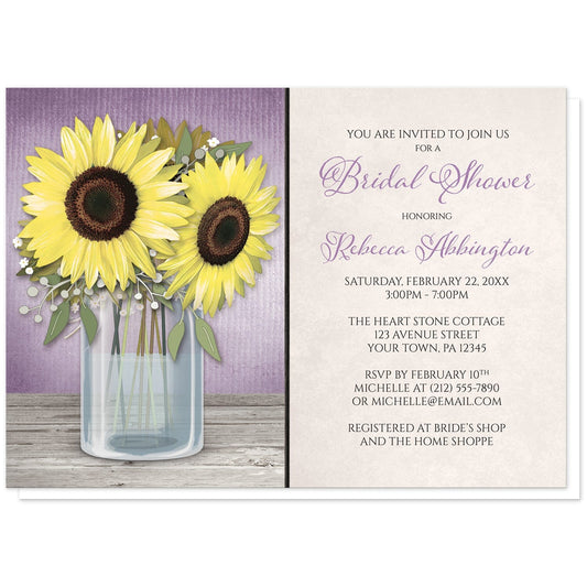 Sunflower Purple Mason Jar Rustic Bridal Shower Invitations at Artistically Invited. Country-inspired sunflower purple mason jar rustic bridal shower invitations designed with an illustration of a mason jar with water, holding big yellow sunflowers on a light wood tabletop over a rustic purple background. Your personalized bridal shower celebration details are arranged in purple and dark brown over a light parchment-like background to the right of the sunflower mason jar design.