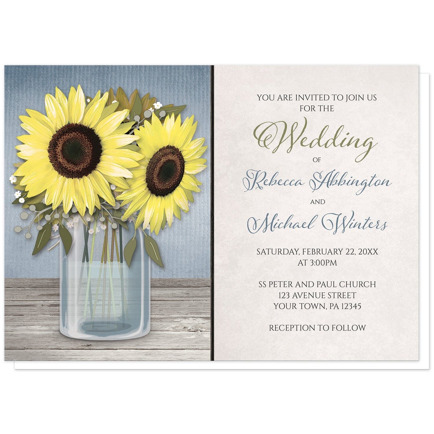 Sunflower Rustic Mason Jar Blue Wedding Invitations at Artistically Invited. Country-inspired sunflower blue mason jar rustic wedding invitations designed with an illustration of a mason jar with water, holding big yellow sunflowers on a light wood tabletop over a rustic blue background. Your personalized marriage celebration details are arranged in blue, green, and dark brown over a light parchment-like background to the right of the sunflower mason jar design.