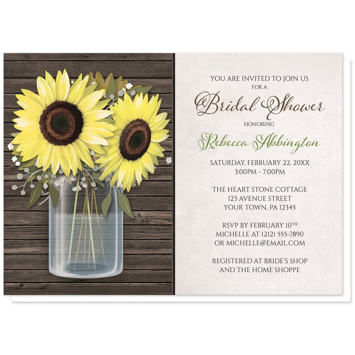 Sunflower Wood Mason Jar Rustic Bridal Shower Invitations at Artistically Invited. Country-inspired sunflower wood mason jar rustic bridal shower invitations designed with an illustrated glass mason jar with water holding big yellow sunflowers over rustic brown wood. Your personalized bridal shower celebration details are arranged in green and brown over a light parchment-like background to the right of the mason jar design.