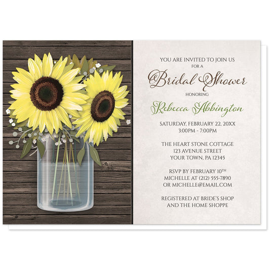 Sunflower Wood Mason Jar Rustic Bridal Shower Invitations at Artistically Invited. Country-inspired sunflower wood mason jar rustic bridal shower invitations designed with an illustrated glass mason jar with water holding big yellow sunflowers over rustic brown wood. Your personalized bridal shower celebration details are arranged in green and brown over a light parchment-like background to the right of the mason jar design.
