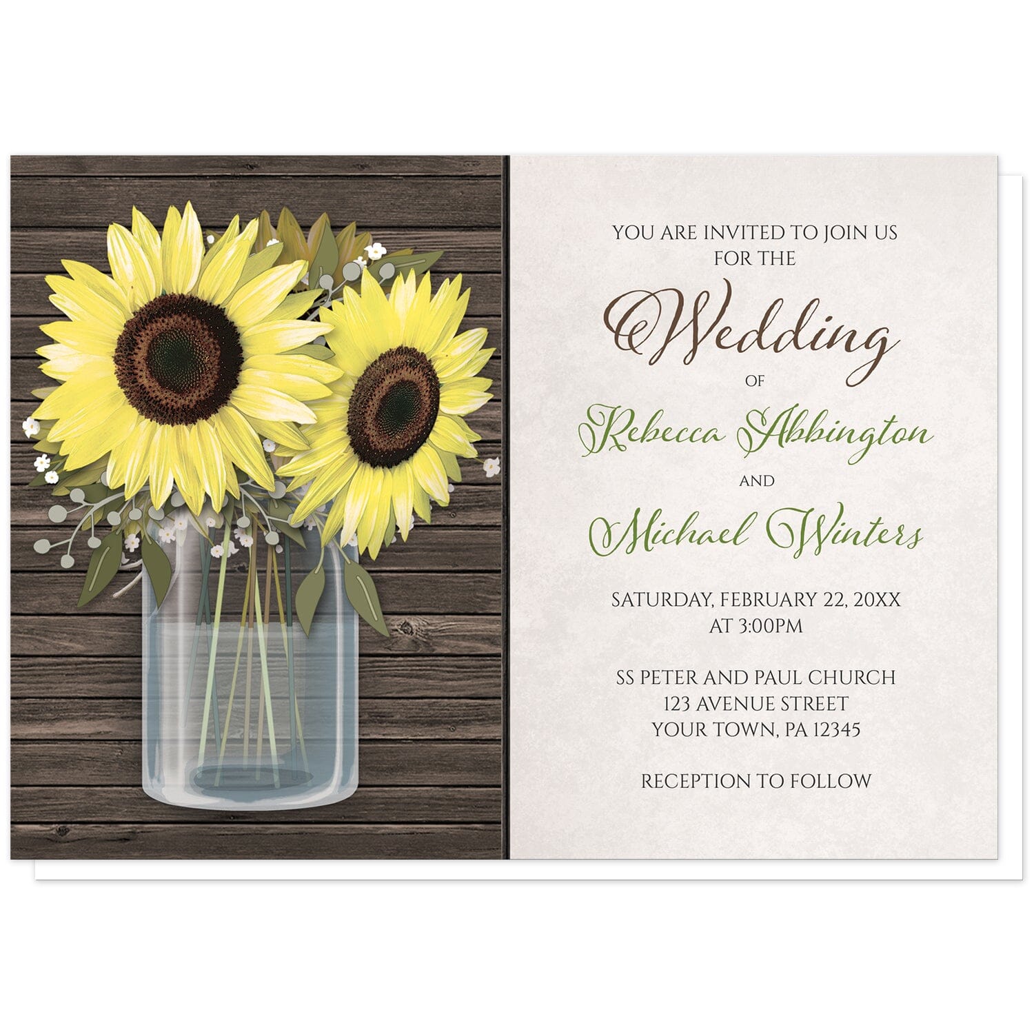 Sunflower Wood Mason Jar Rustic Wedding Invitations at Artistically Invited. Country-inspired sunflower wood mason jar rustic wedding invitations designed with an illustrated glass mason jar with water holding big yellow sunflowers over rustic brown wood. Your personalized marriage celebration details are arranged in green and brown over a light parchment-like background to the right of the mason jar design.