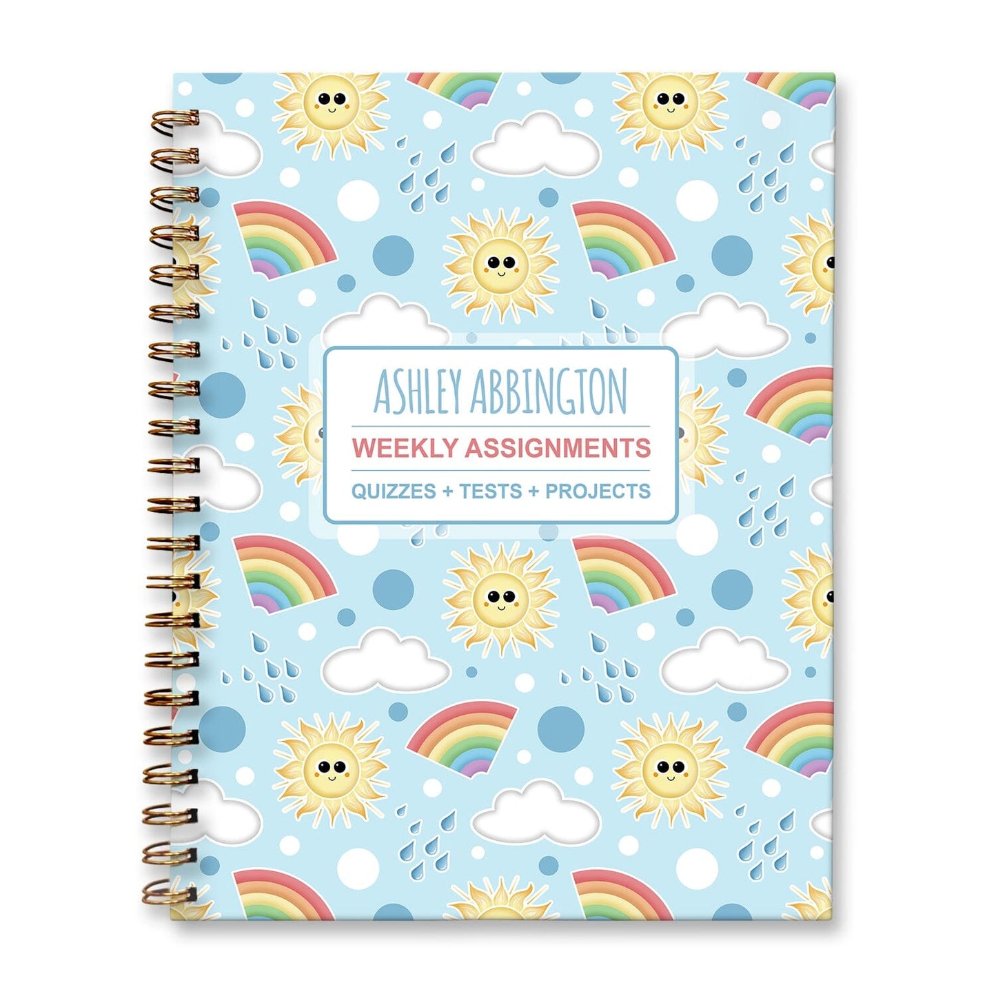 Personalized Sunshine Rainbows Weekly Assignments Book for students to track their homework, quizzes and tests, and projects every week for school.
