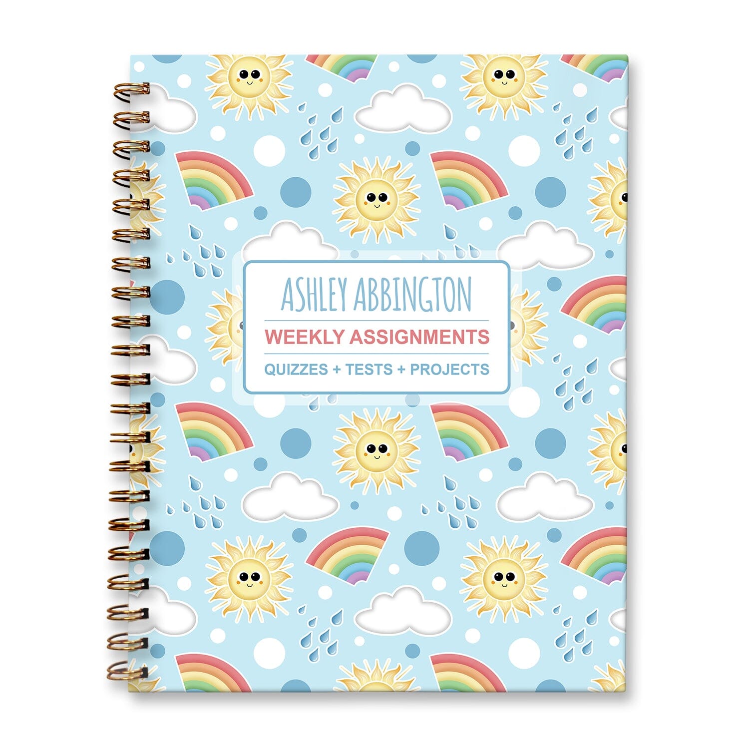 Personalized Sunshine Rainbows Weekly Assignments Book for students to track their homework, quizzes and tests, and projects every week for school. 