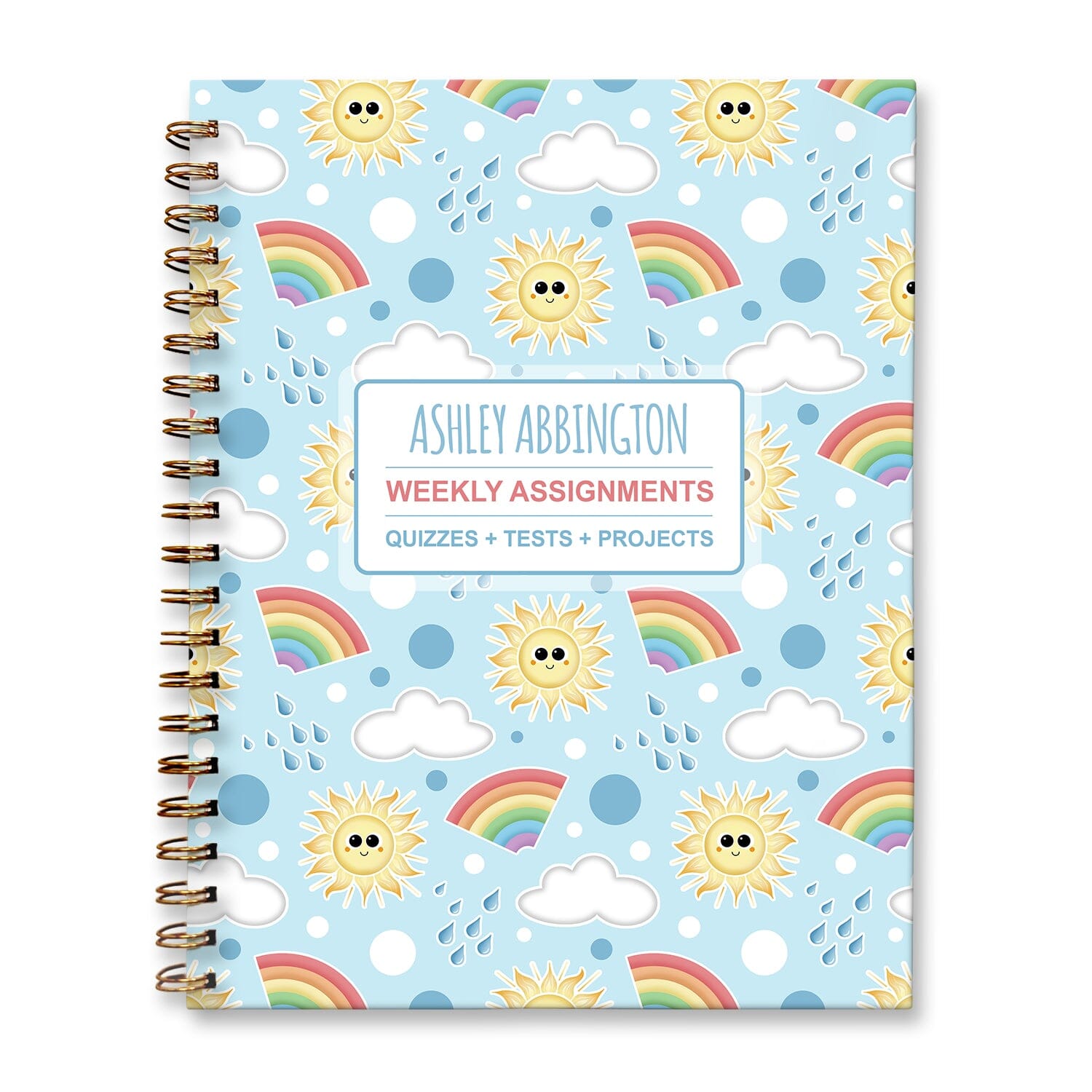 Personalized Sunshine Rainbows Weekly Assignments Book for students to track their homework, quizzes and tests, and projects every week for school.