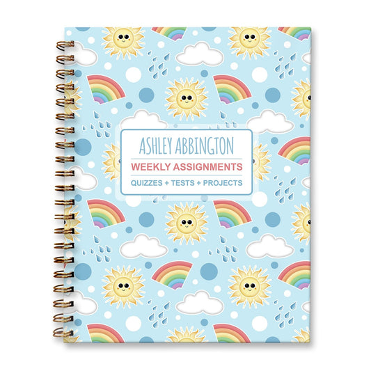 Personalized Sunshine Rainbows Weekly Assignments Book for students to track their homework, quizzes and tests, and projects every week for school.