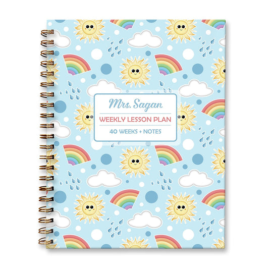 Personalized Sunshine Rainbows Weekly Lesson Plan Book at Artistically Invited. Hardcover planner book for teachers or homeschooling.