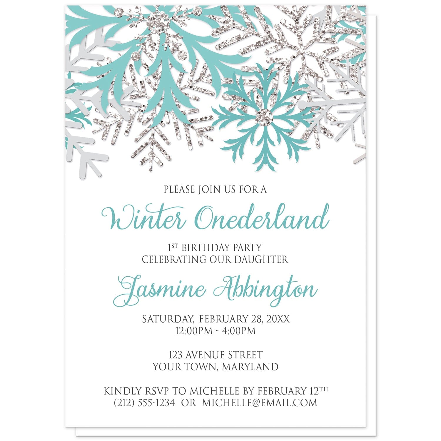 Teal Silver Snowflake 1st Birthday Winter Onederland Invitations at Artistically Invited. Pretty teal silver snowflake 1st birthday Winter Onederland invitations designed with teal, light teal, silver-colored glitter-illustrated, and light gray snowflakes along the top of the invitations. Your personalized 1st birthday party details are arranged in teal and gray on white below the snowflakes.