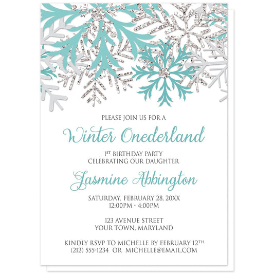 Teal Silver Snowflake 1st Birthday Winter Onederland Invitations at Artistically Invited. Pretty teal silver snowflake 1st birthday Winter Onederland invitations designed with teal, light teal, silver-colored glitter-illustrated, and light gray snowflakes along the top of the invitations. Your personalized 1st birthday party details are arranged in teal and gray on white below the snowflakes.