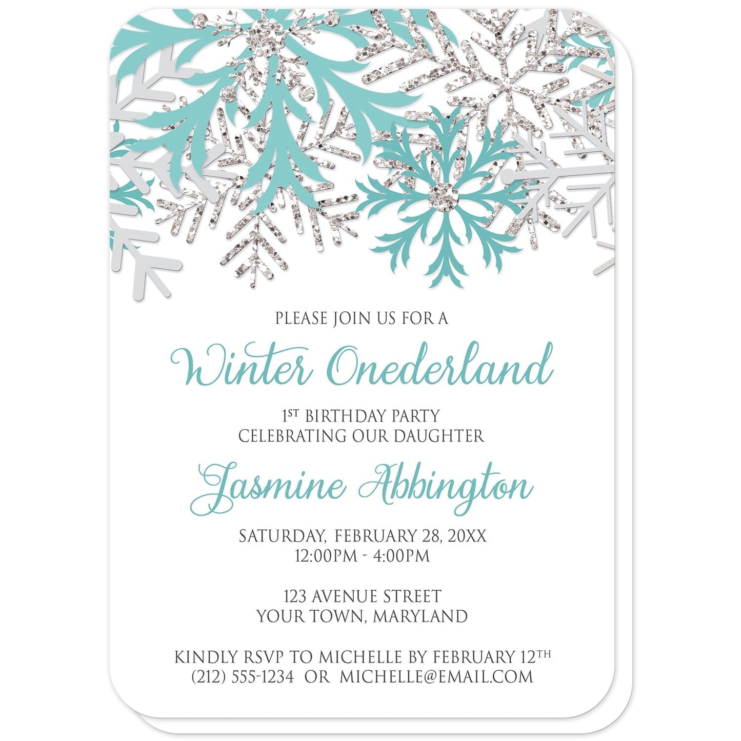Teal Silver Snowflake 1st Birthday Winter Onederland Invitations (with rounded corners) at Artistically Invited. Pretty teal silver snowflake 1st birthday Winter Onederland invitations designed with teal, light teal, silver-colored glitter-illustrated, and light gray snowflakes along the top of the invitations. Your personalized 1st birthday party details are custom printed in teal and gray on white below the snowflakes.