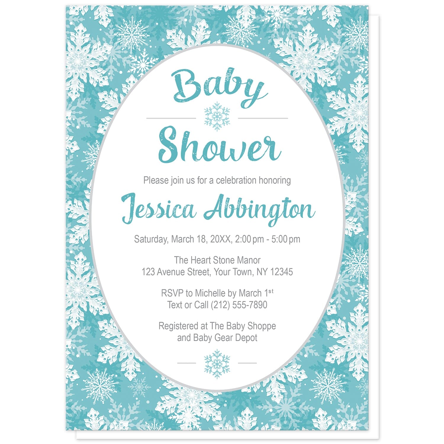 Teal Snowflake Baby Shower Invitations at Artistically Invited. Beautifully ornate teal snowflake baby shower invitations designed with your personalized baby shower details arranged in teal and gray in a white oval frame design over a pretty teal, turquoise, and white snowflake pattern background.