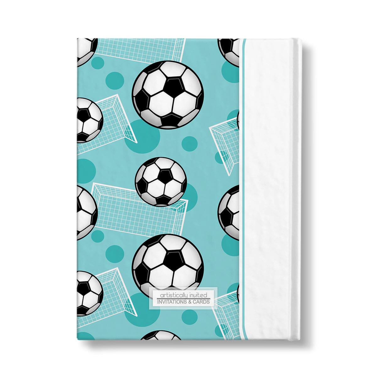Personalized Teal Soccer Journal at Artistically Invited. Back side of the book.