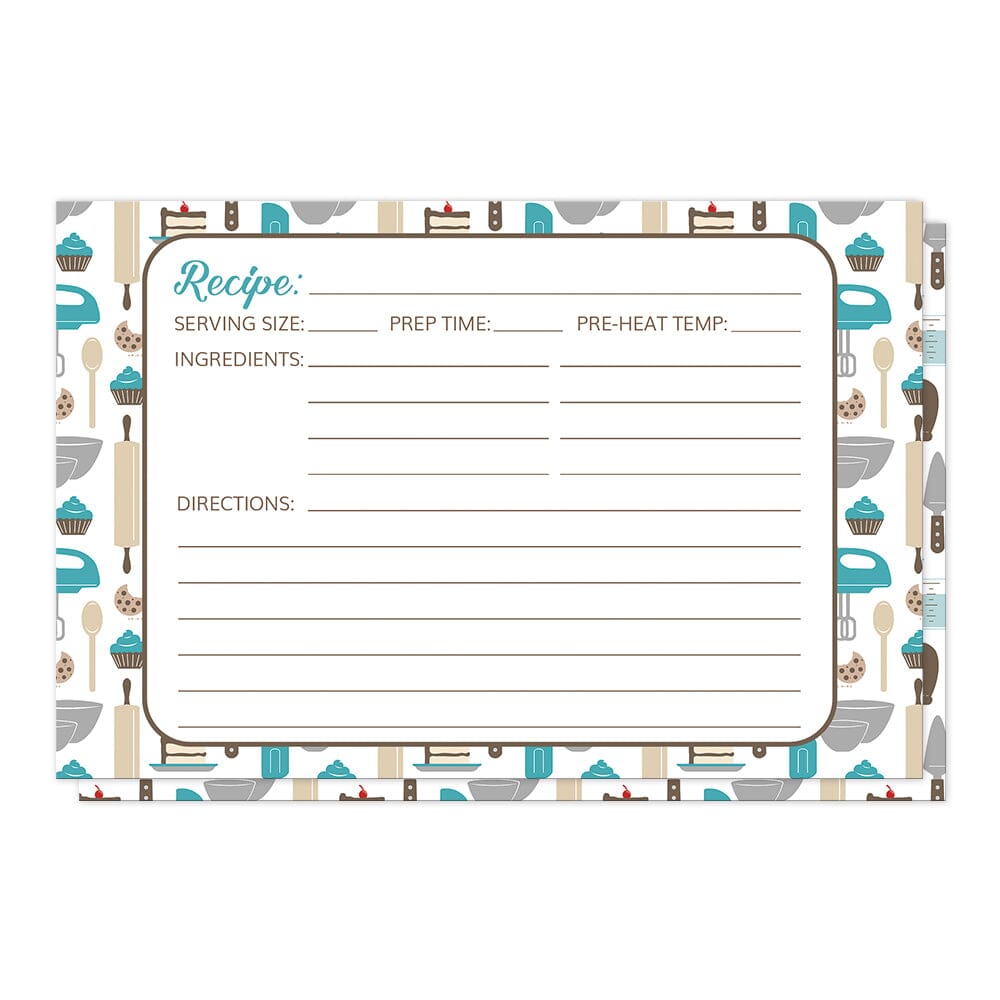 Turquoise Baking Pattern Recipe Cards (front side) at Artistically Invited. High quality recipe cards designed with a cute pattern of baking tools in a turquoise, brown, beige, and gray color scheme. It includes baking kitchen tools such as whisks, mixers, measuring cups and spoons, spatulas, wooden spoons, and more. Also sweet additions of cupcakes, cookies, and slices of cake. The recipe is to be handwritten over a white rectangular area centered over the baking pattern, on both sides.