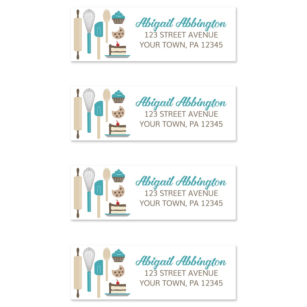 Turquoise Baking Address Labels at Artistically Invited. Image shows 4 labels. High-quality address labels designed with cute kitchen baking tools and baked treats in turquoise, brown, gray, and beige on the left side over a white background. Your personalized return address is custom printed in turquoise and brown to the right of the turquoise baking tools and baked goods design. These premium return address labels are great for bakers, pastry chefs, or anyone who loves baking.