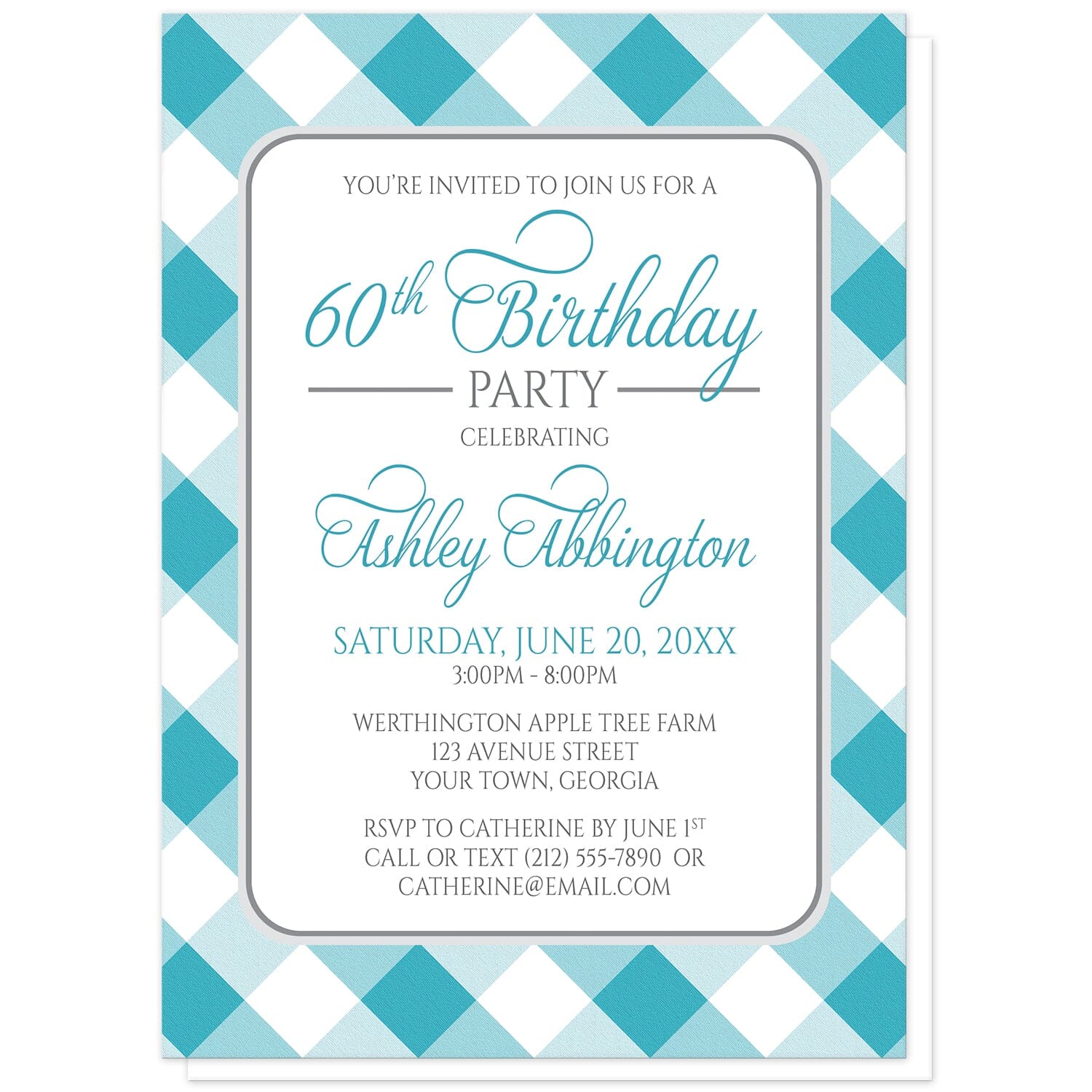 Turquoise Gingham Birthday Party Invitations at Artistically Invited. Turquoise gingham birthday party invitations with your personalized party details arranged in turquoise and gray inside a white rectangular area outlined in gray. The background design is a diagonal turquoise and white gingham pattern.