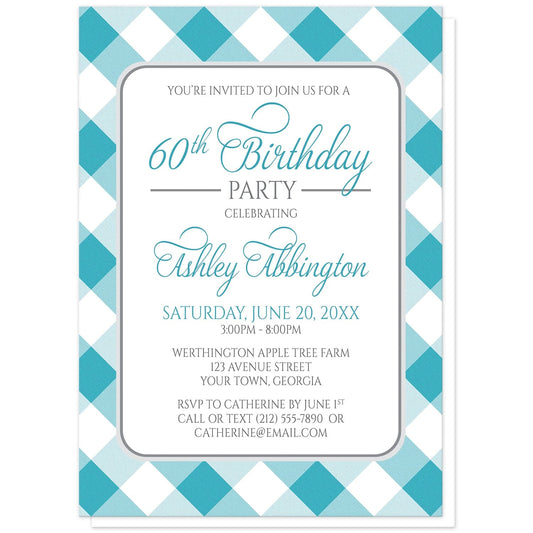 Turquoise Gingham Birthday Party Invitations at Artistically Invited. Turquoise gingham birthday party invitations with your personalized party details arranged in turquoise and gray inside a white rectangular area outlined in gray. The background design is a diagonal turquoise and white gingham pattern.