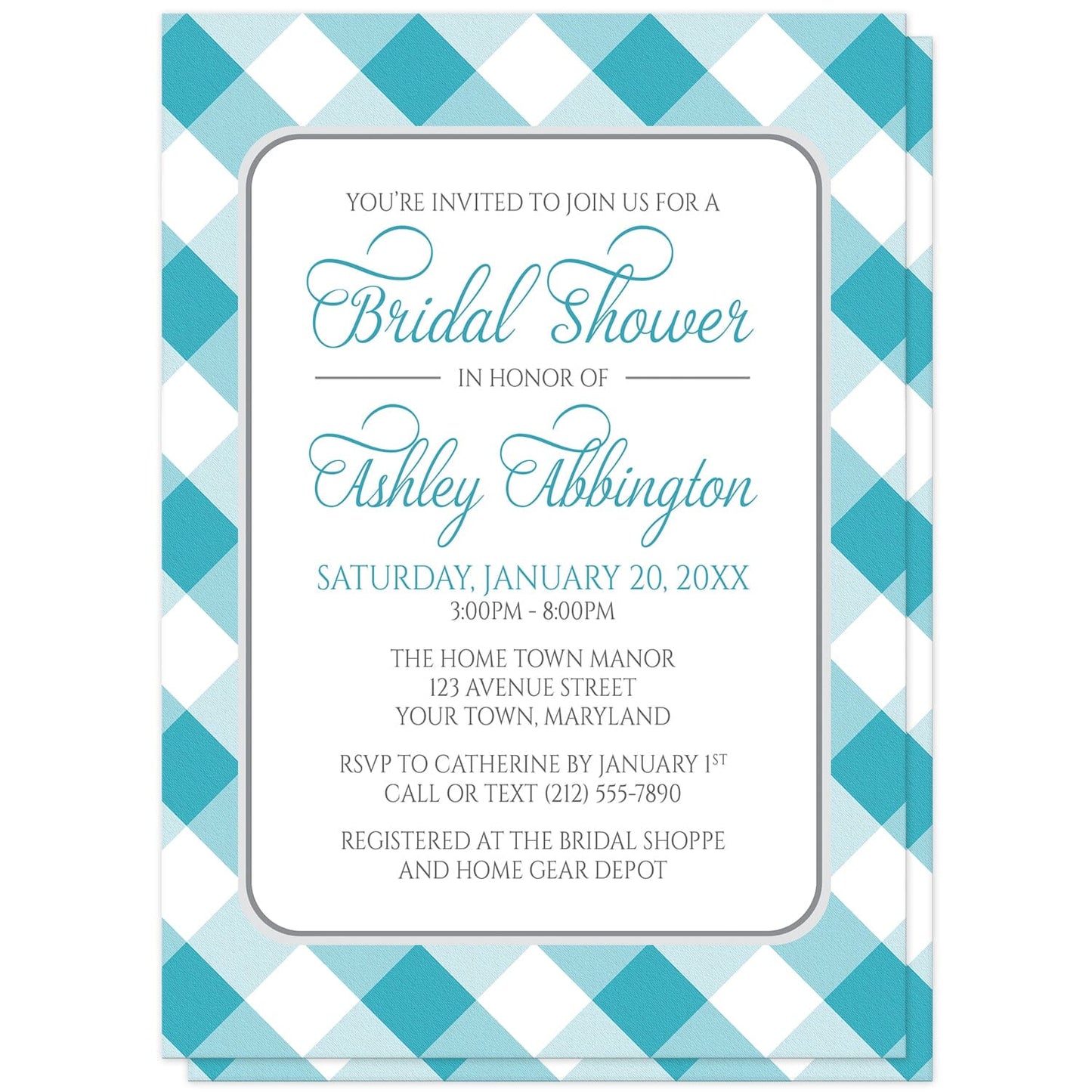 Turquoise Gingham Bridal Shower Invitations at Artistically Invited. Turquoise gingham bridal shower invitations with your personalized bridal shower celebration details arranged in turquoise and gray inside a white rectangular area outlined in gray. The background design is a diagonal turquoise and white gingham pattern.