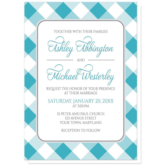 Turquoise Gingham Wedding Invitations at Artistically Invited. Turquoise gingham wedding invitations with your personalized wedding ceremony details custom printed in turquoise and gray inside a white rectangular area outlined in gray. The background design is a diagonal turquoise and white gingham pattern. 