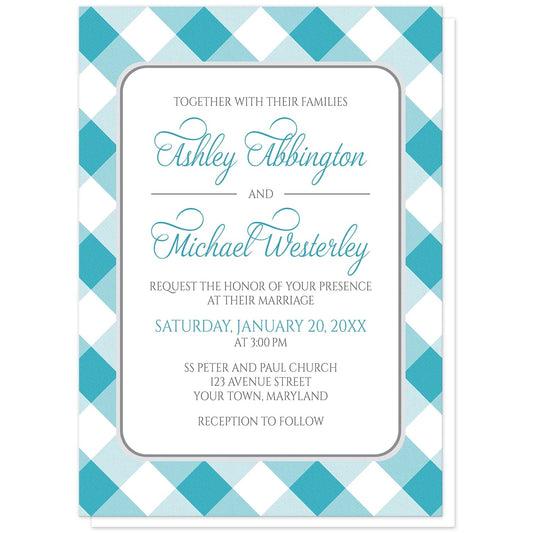 Turquoise Gingham Wedding Invitations at Artistically Invited. Turquoise gingham wedding invitations with your personalized wedding ceremony details arranged in turquoise and gray inside a white rectangular area outlined in gray. The background design is a diagonal turquoise and white gingham pattern.
