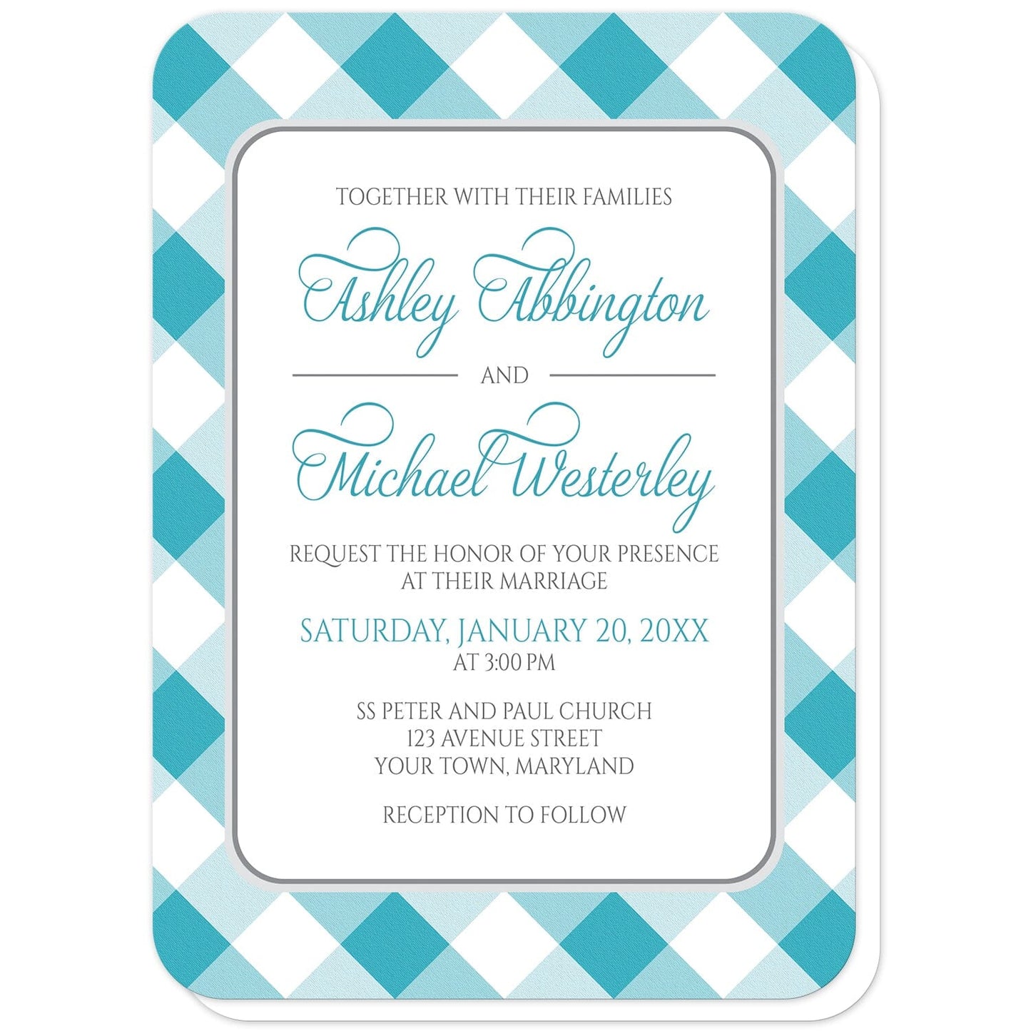 Turquoise Gingham Wedding Invitations (with rounded corners) at Artistically Invited. Turquoise gingham wedding invitations with your personalized wedding ceremony details custom printed in turquoise and gray inside a white rectangular area outlined in gray. The background design is a diagonal turquoise and white gingham pattern.