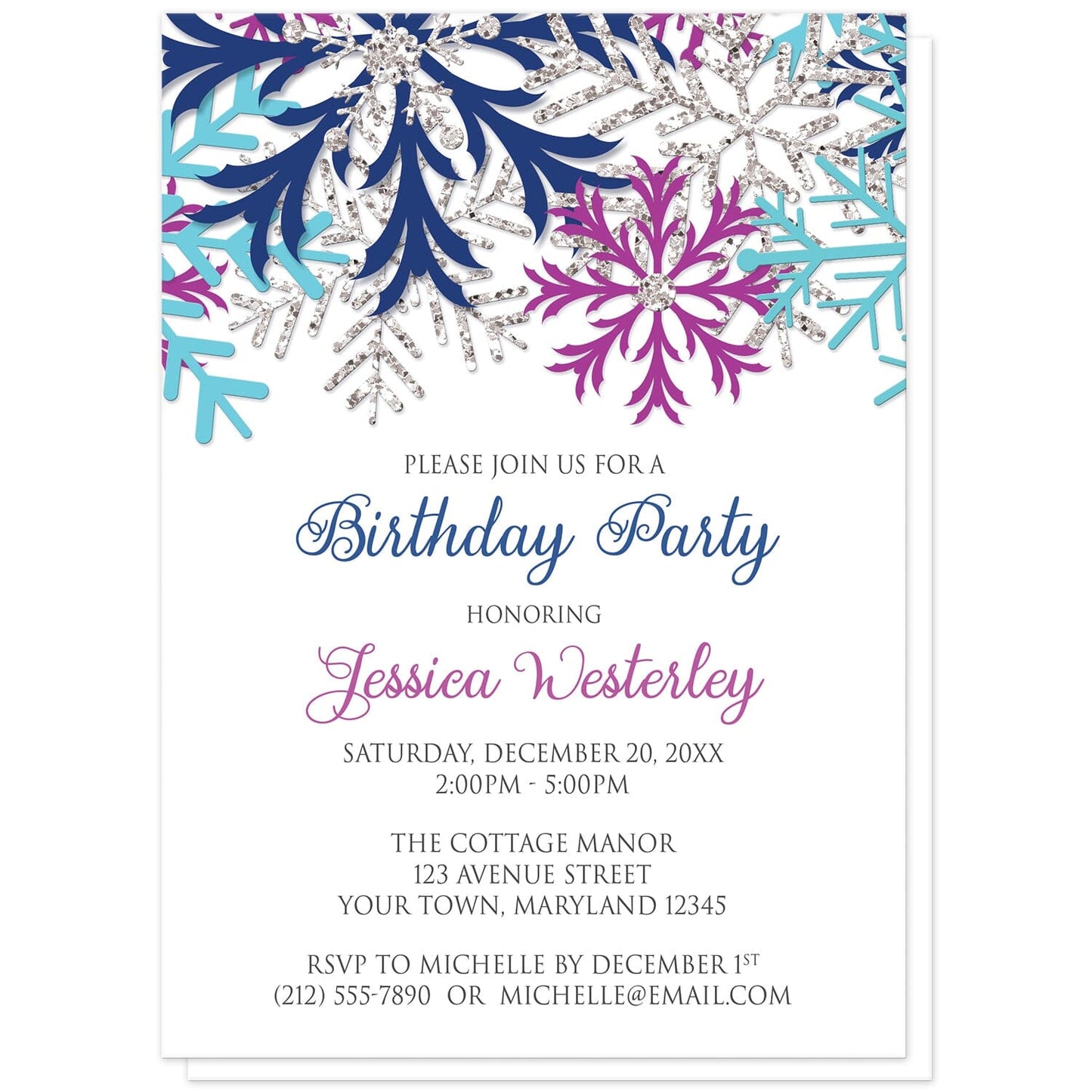 Turquoise Navy Orchid Silver Snowflake Birthday Party Invitations at Artistically Invited. Beautiful turquoise navy orchid silver snowflake birthday party invitations with turquoise blue, navy blue, orchid purple, and silver-colored glitter-illustrated snowflakes over a white background. Your personalized birthday party details are arranged in navy blue, purple, and gray over white below the pretty snowflakes.