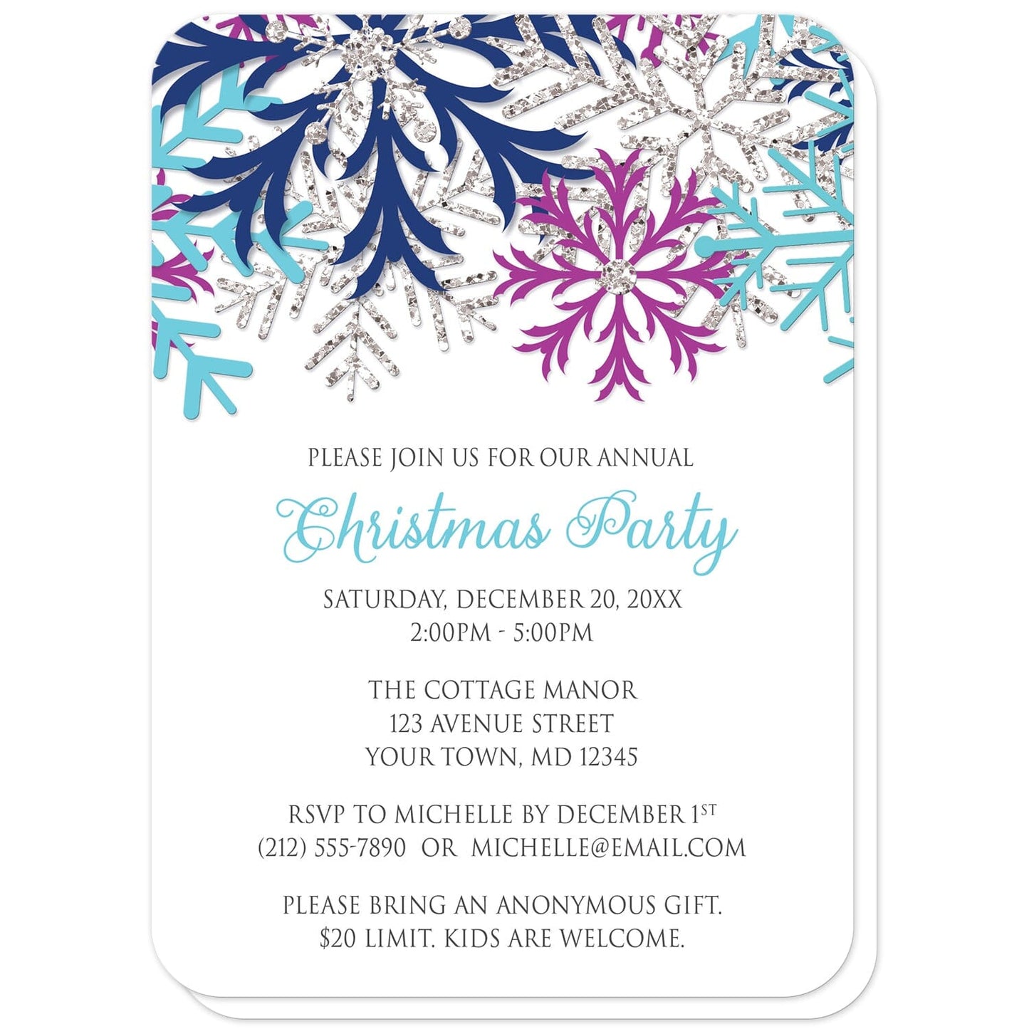 Turquoise Navy Orchid Silver Snowflake Christmas Invitations (with rounded corners) at Artistically Invited. Beautiful turquoise navy orchid silver snowflake Christmas invitations with turquoise blue, navy blue, orchid purple, and silver-colored glitter-illustrated snowflakes over a white background. Your personalized party details for your home or office party are custom printed in turquoise blue and gray over white below the pretty snowflakes.