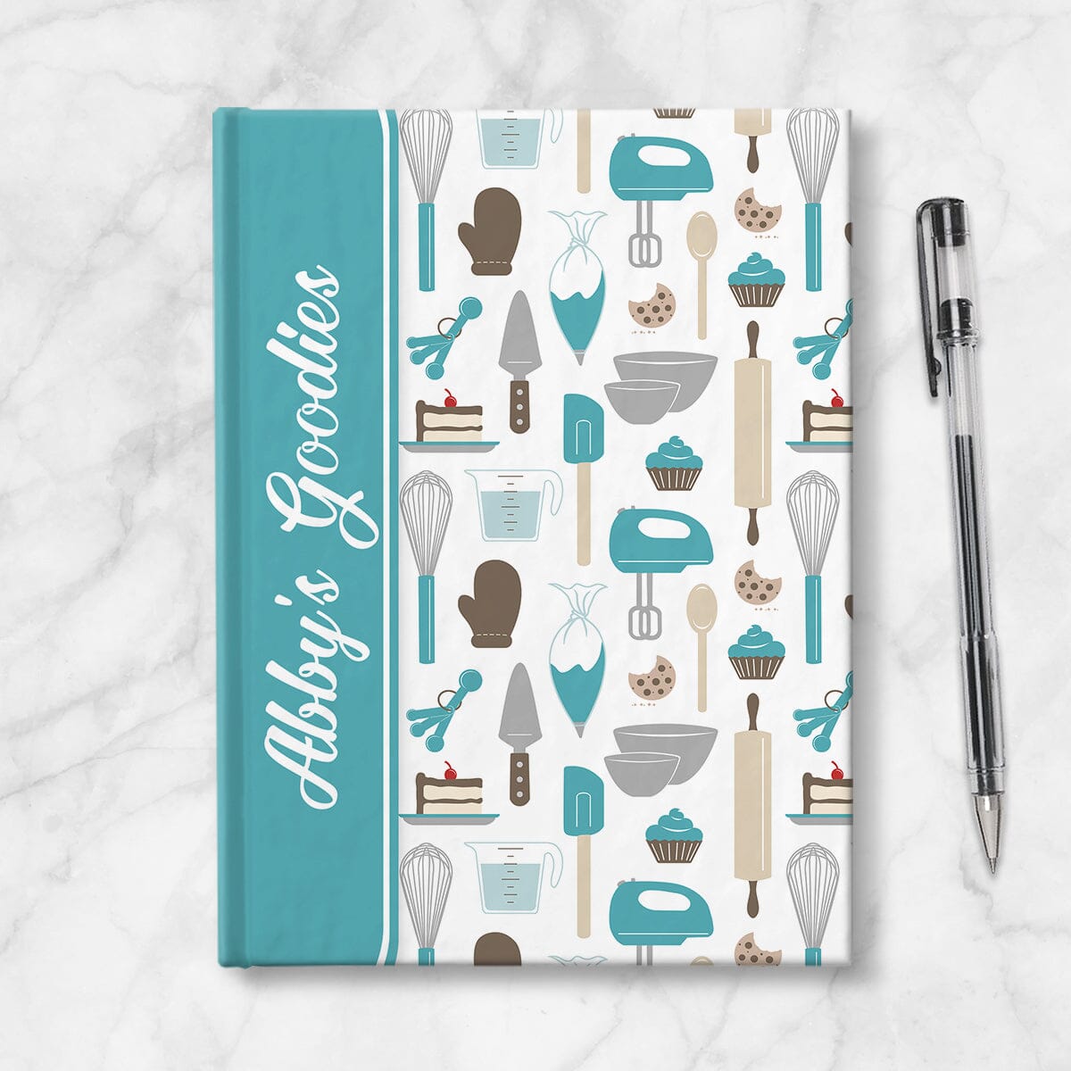 Personalized Turquoise Baking Pattern Journal at Artistically Invited. A journal or sketchbook with a turquoise color wrapping around the spine, over a turquoise baking pattern for the remaining background. Your name or text of your choice is custom printed in a cute white script font on the front, sideways over the turquoise design near the spine. Image shows the book next to a pen.