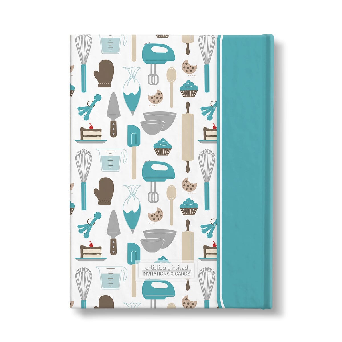 Personalized Turquoise Baking Pattern Journal at Artistically Invited. Back side of the book.