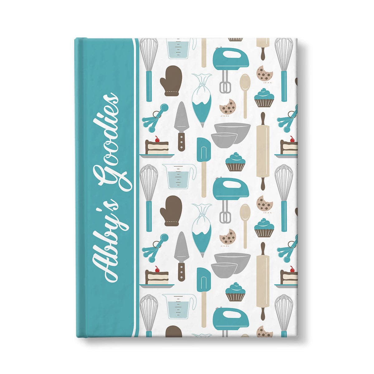 Personalized Turquoise Baking Pattern Journal at Artistically Invited. A journal or sketchbook with a turquoise color wrapping around the spine, over a turquoise baking pattern for the remaining background. Your name or text of your choice is custom printed in a cute white script font on the front, sideways over the turquoise design near the spine.