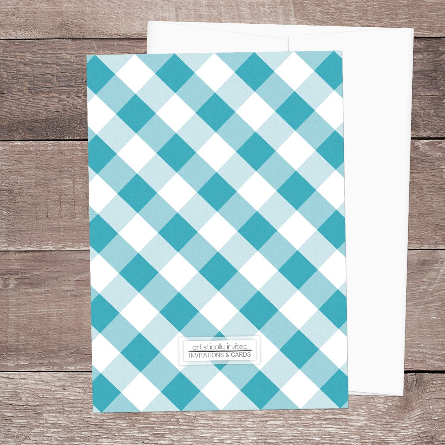 Backside of the invitations is printed with the turquoise gingham pattern when the printed upgrade is purchased