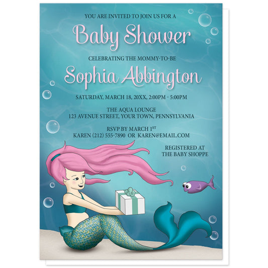 Under the Sea Mermaid Baby Shower Invitations at Artistically Invited. Uniquely illustrated under the sea mermaid baby shower invitations with an expecting mermaid with pink hair receiving a gift from a happy little purple fish. This underwater illustration has an aqua blue water background sprinkled with whimsical bubbles. Your personalized baby shower celebration details are arranged in pink and dark blue over the underwater design.