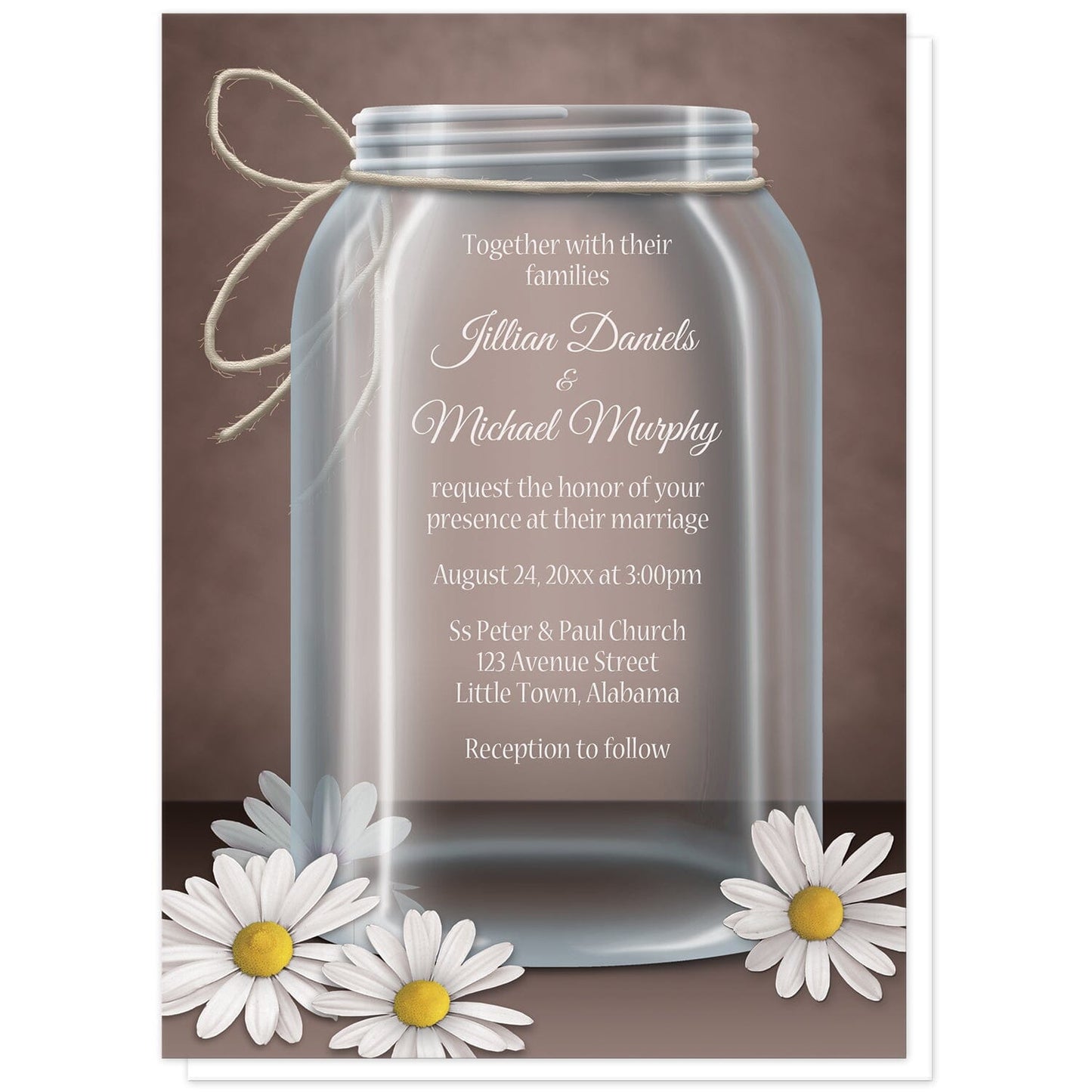 Vintage Rustic Mason Jar Daisy Wedding Invitations at Artistically Invited. Beautiful vintage rustic mason jar daisy wedding invitations with an illustration of a glass mason jar with twine tied around the neck of it, white and yellow daisies laying at the foot of the jar, and a vintage brown background. Your personalized marriage celebration details are arranged in white over the mason jar area of the design.