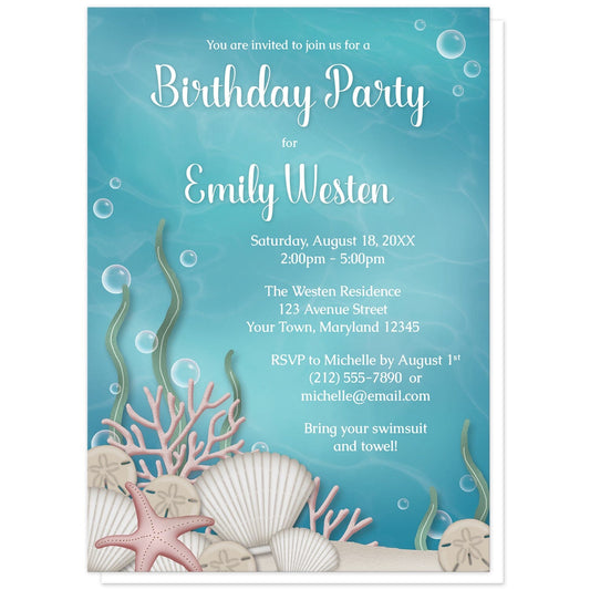 Whimsical Under the Sea Birthday Party Invitations at Artistically Invited. Beautifully illustrated whimsical under the sea birthday party invitations with an under the sea or aquarium theme. They are designed with a sandy seabed, assorted seashells, bubbles, coral, and kelp with an underwater aqua blue water background. Your personalized birthday party details are arranged in white over the water background.