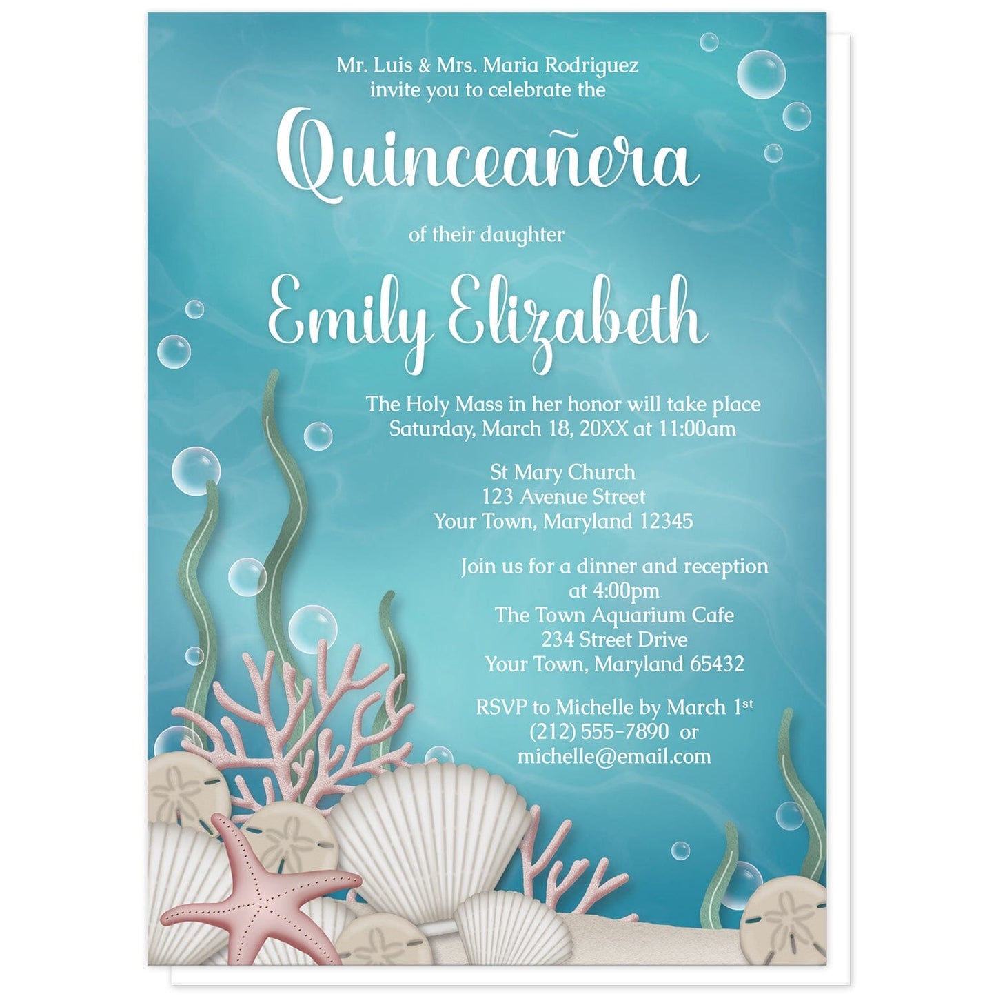 Whimsical Under the Sea Quinceañera Invitations at Artistically Invited. Beautifully illustrated whimsical under the sea Quinceañera invitations with an under the sea or aquarium theme. They are designed with a sandy seabed, assorted seashells, bubbles, coral, and kelp with an underwater aqua blue water background. Your personalized 15th birthday celebration details are arranged in white over the water background.