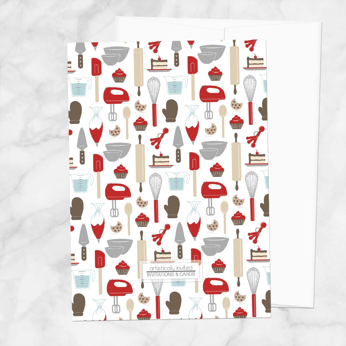 The backside of the baking bridal shower invitation showing the repeating pattern that is printed on the back when the printed upgrade is purchased