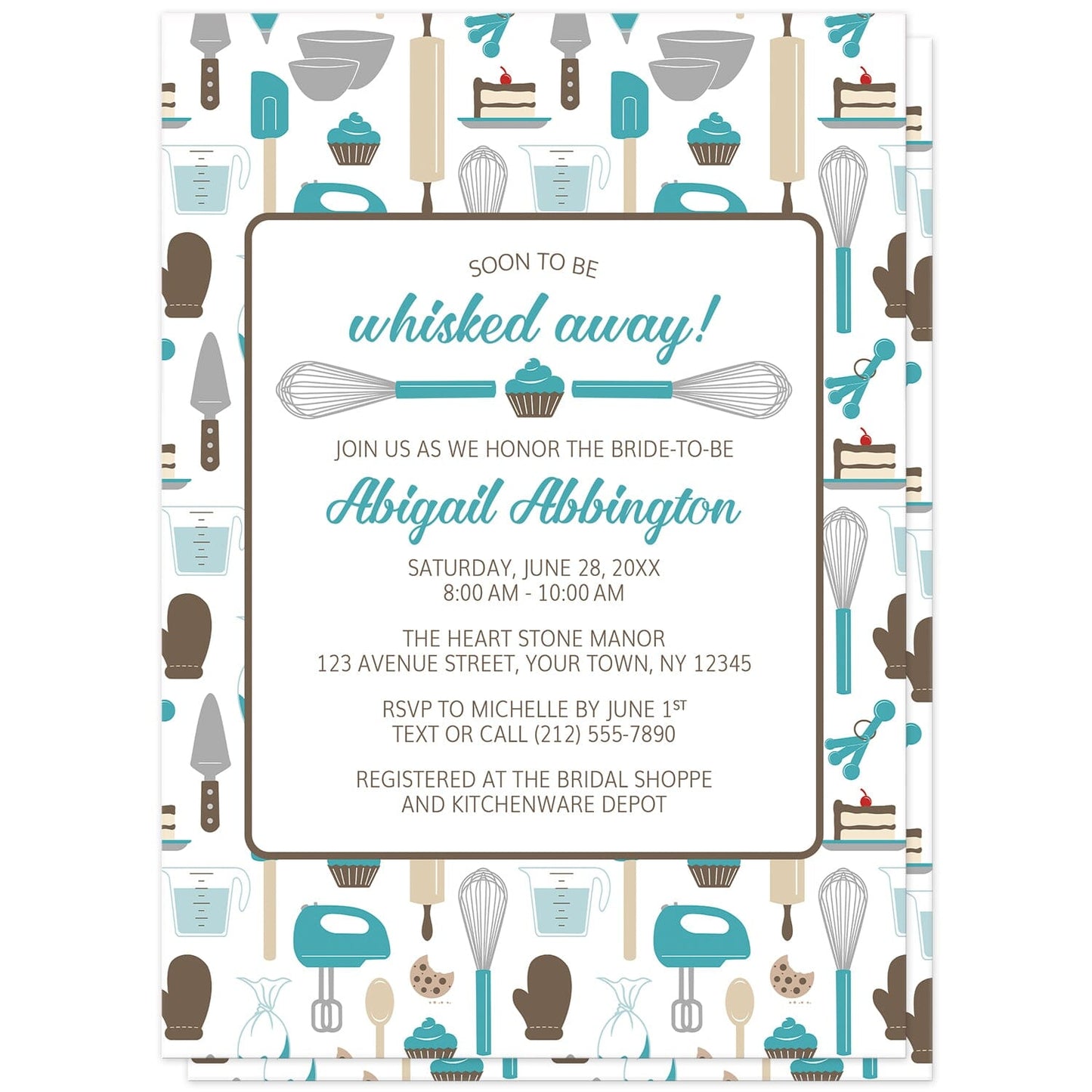 Whisked Away Turquoise Baking Bridal Shower Invitation at Artistically Invited. Invitations designed with a cute pattern of baking tools in a turquoise, brown, beige, and gray color scheme. It includes baking kitchen tools such as whisks, mixers, measuring cups and spoons, spatulas, wooden spoons, and more. Don't miss the sweet additions of cupcakes, cookies, and a slice of cake. Your personalized bridal shower celebration details are arranged in turquoise & brown on white over the turquoise baking pattern.