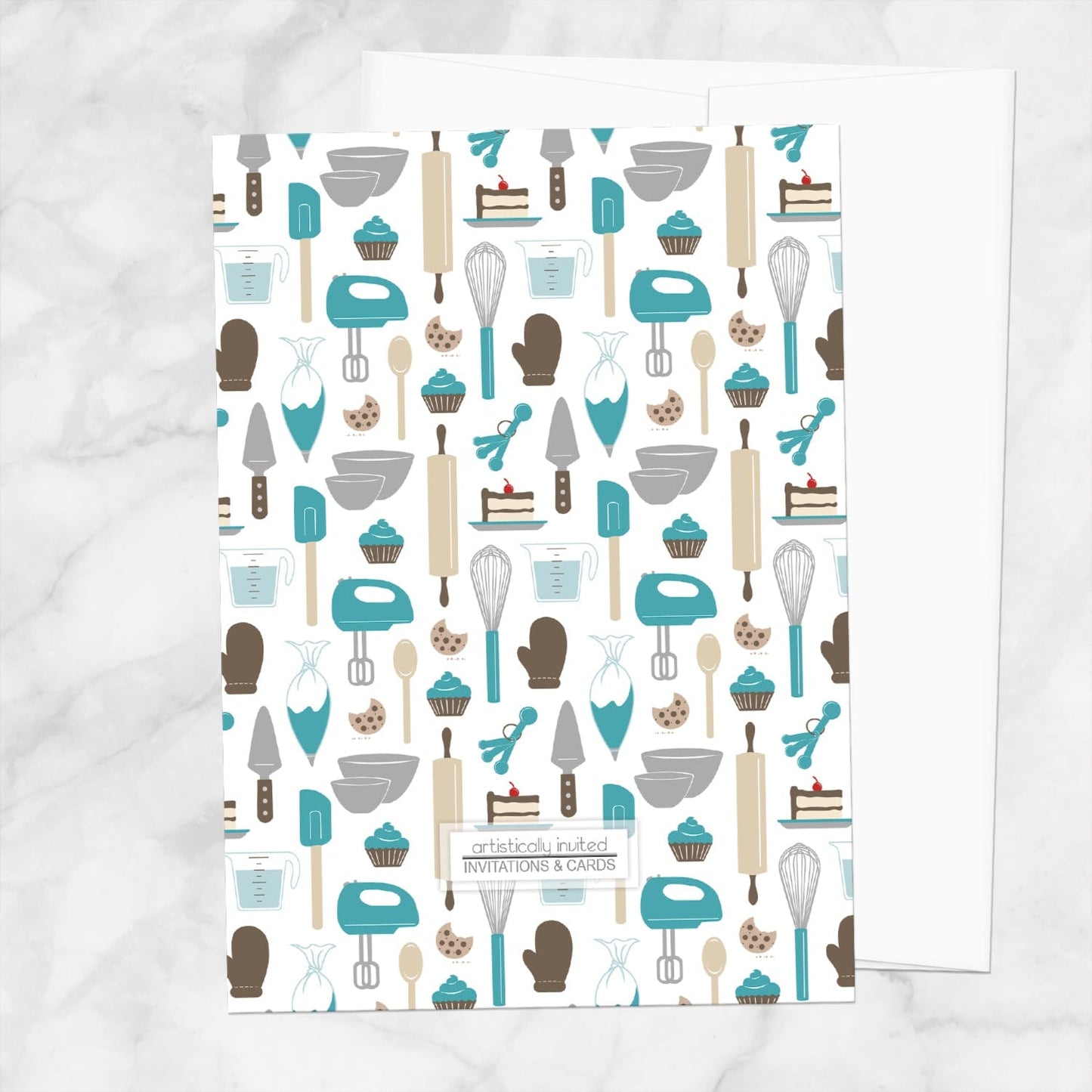 The backside of the Whisked Away Turquoise Baking Bridal Shower Invitation with a kitchen tools and sweets theme, shown on a marble surface with a white envelope.