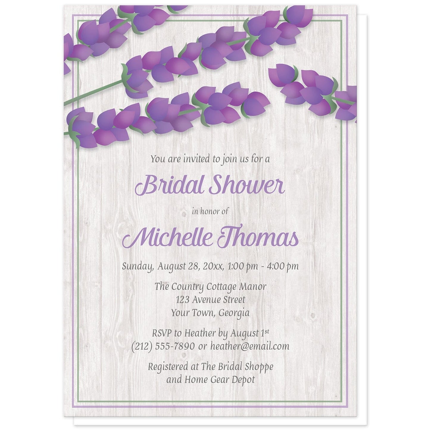 Whitewashed Wood Lavender Bridal Shower Invitations at Artistically Invited. Lovely whitewashed wood lavender bridal shower invitations with a rustic chic design featuring illustrated purple lavender stems along the top over a light whitewashed wood background illustration outlined with purple and green. Your personalized bridal shower celebration details are arranged in purple and gray over the whitewashed wood below the lavender.