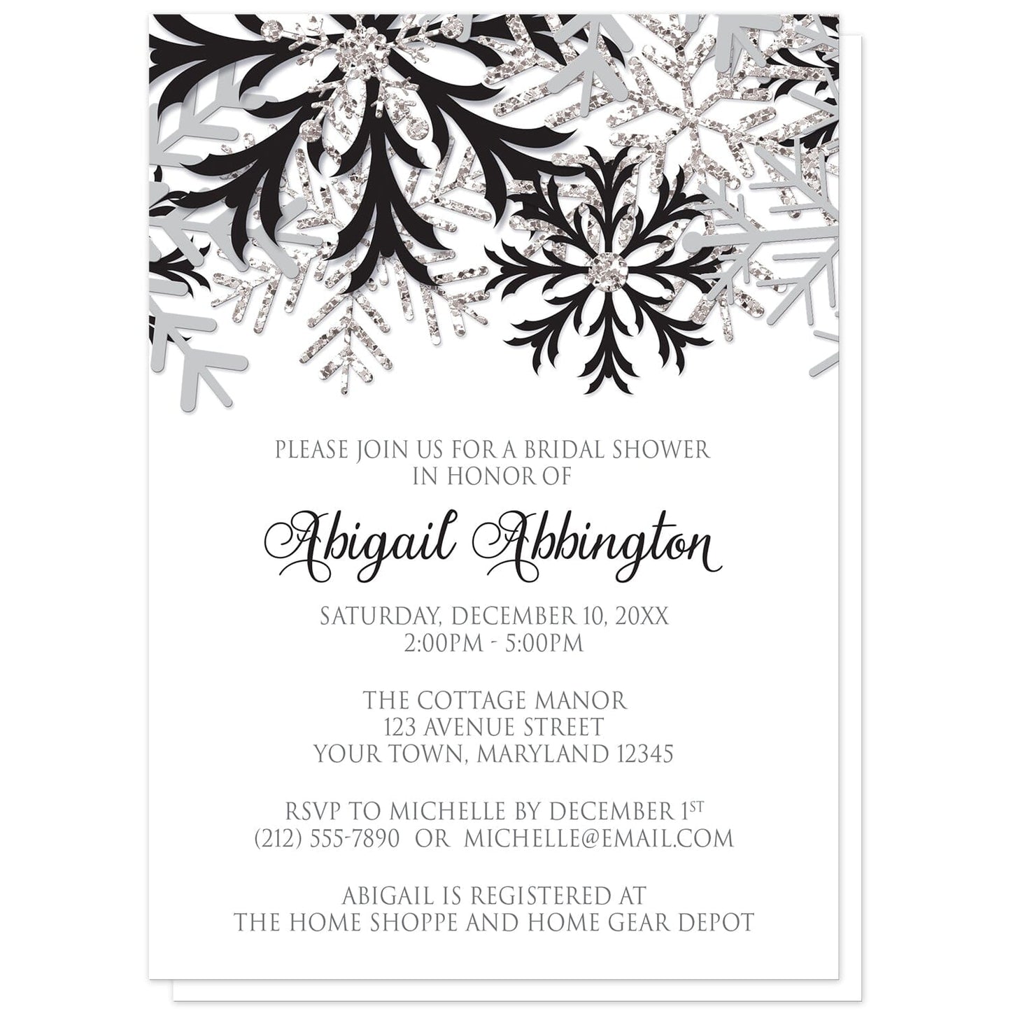 Winter Black Silver Snowflake Bridal Shower Invitations at Artistically Invited. Beautiful winter bridal shower invitations designed with black, gray, and silver-colored glitter-illustrated snowflakes along the top. Your personalized bridal shower celebration details are arranged in black and gray on white below the pretty black snowflakes.