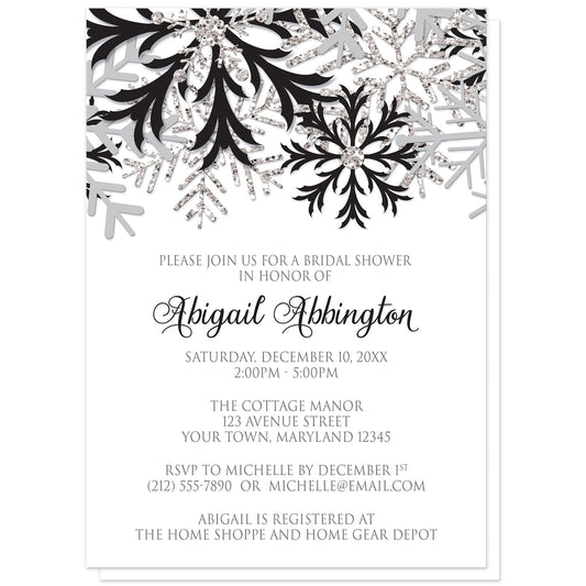 Winter Black Silver Snowflake Bridal Shower Invitations at Artistically Invited. Beautiful winter bridal shower invitations designed with black, gray, and silver-colored glitter-illustrated snowflakes along the top. Your personalized bridal shower celebration details are arranged in black and gray on white below the pretty black snowflakes.