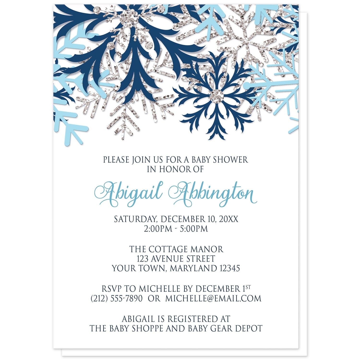 Winter Blue Silver Snowflake Baby Shower Invitations at Artistically Invited. Beautiful winter blue silver snowflake baby shower invitations designed with navy blue, aqua blue, and silver-colored glitter-illustrated snowflakes along the top over a white background. Your personalized baby shower celebration details are arranged in blue and gray below the pretty snowflakes.
