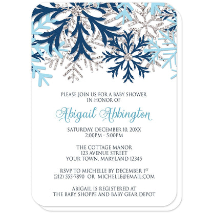 Winter Blue Silver Snowflake Baby Shower Invitations (with rounded corners) at Artistically Invited. Beautiful winter blue silver snowflake baby shower invitations designed with navy blue, aqua blue, and silver-colored glitter-illustrated snowflakes along the top over a white background. Your personalized baby shower celebration details are custom printed in blue and gray below the pretty snowflakes.