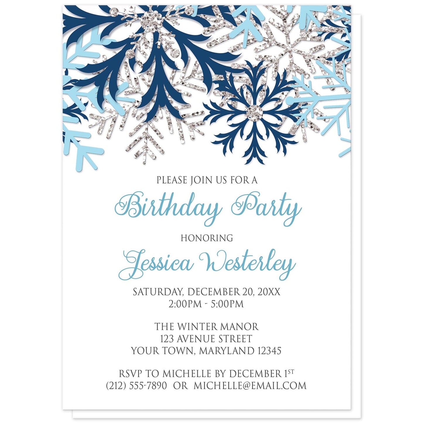 Winter Blue Silver Snowflake Birthday Party Invitations at Artistically Invited. Beautiful winter blue silver snowflake birthday party invitations designed with navy blue, aqua blue, and silver-colored glitter-illustrated snowflakes along the top over a white background. Your personalized birthday celebration details are arranged in blue and gray below the pretty snowflakes.