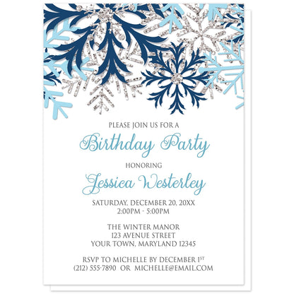 Winter Blue Silver Snowflake Birthday Party Invitations at Artistically Invited. Beautiful winter blue silver snowflake birthday party invitations designed with navy blue, aqua blue, and silver-colored glitter-illustrated snowflakes along the top over a white background. Your personalized birthday celebration details are custom printed in blue and gray below the pretty snowflakes.