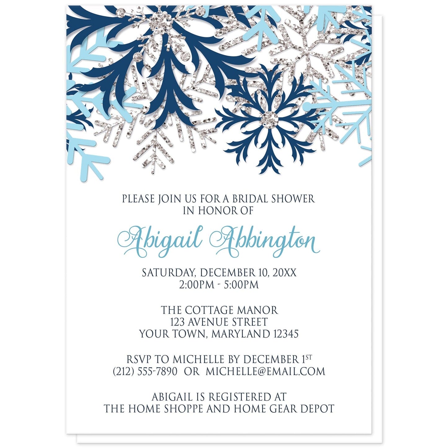 Winter Blue Silver Snowflake Bridal Shower Invitations at Artistically Invited. Beautiful winter blue silver snowflake bridal shower invitations designed with navy blue, aqua blue, and silver-colored glitter-illustrated snowflakes along the top over a white background. Your personalized bridal shower celebration details are arranged in blue and navy blue below the pretty snowflakes.