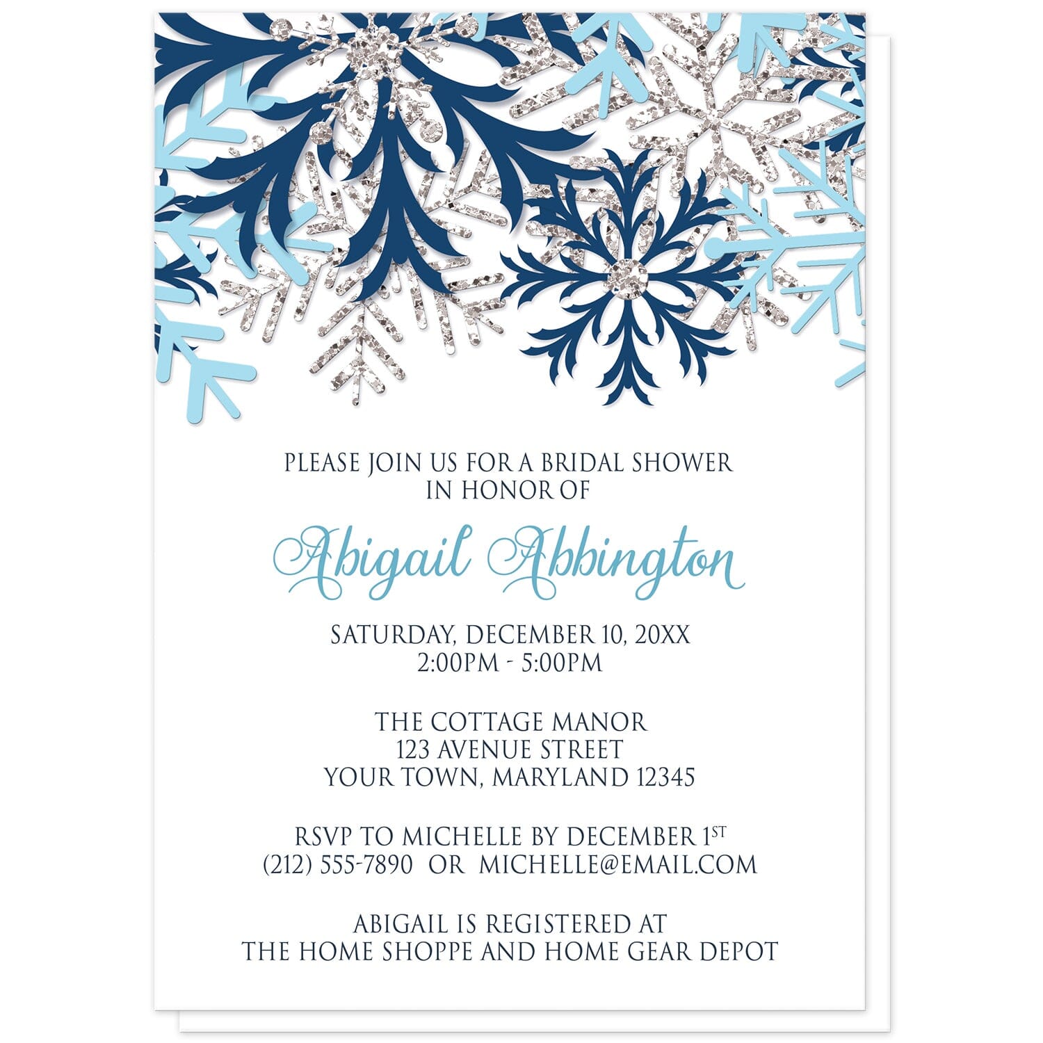 Winter Blue Silver Snowflake Bridal Shower Invitations at Artistically Invited. Beautiful winter blue silver snowflake bridal shower invitations designed with navy blue, aqua blue, and silver-colored glitter-illustrated snowflakes along the top over a white background. Your personalized bridal shower celebration details are arranged in blue and navy blue below the pretty snowflakes.